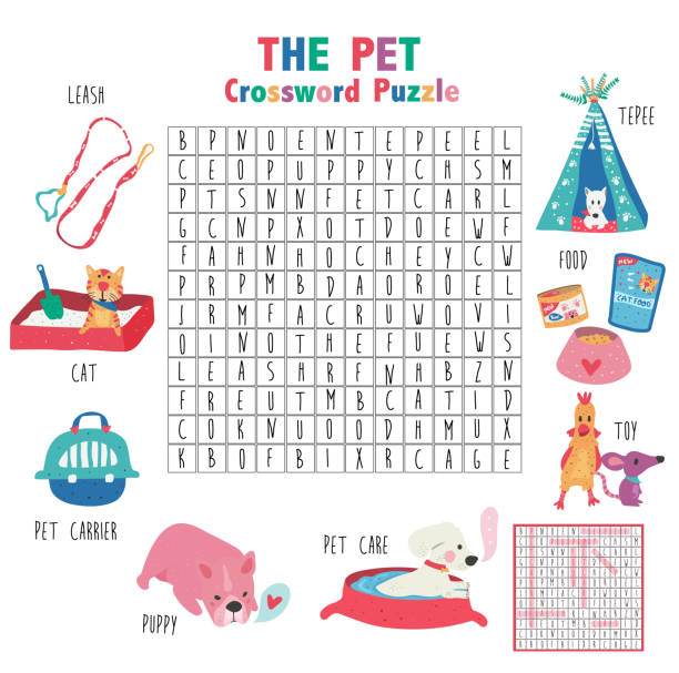 the pets puzzle Crossword game about the pet for kids, word search puzzle with vocabulary and the answer, doodle cartoon flat style, illustration, vector crossword puzzle drawing stock illustrations