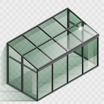 Greenhouse or winter garden. Covered veranda for plants. Glass dome. Modern architecture. Vector graphic with transparency