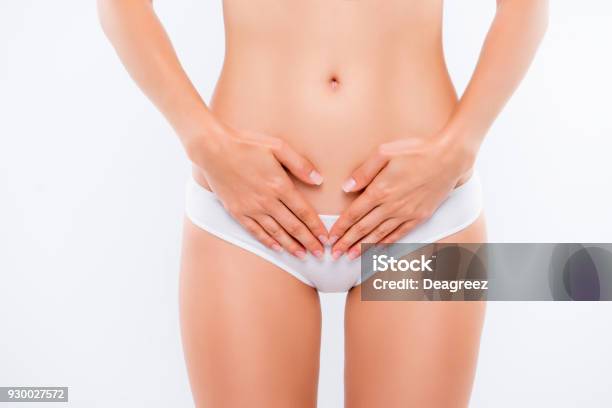 Concept Of Bodycare Gynecology And Womans Health Cropped Close Up Photo Of Womans Hand Touching Lower Part Of Her Abdomen Isolated On White Background Stock Photo - Download Image Now