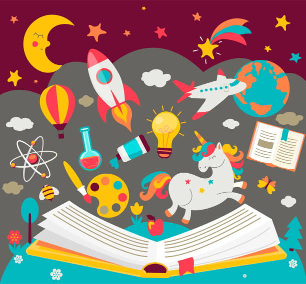 konzept der kinder träume während der lektüre des buches. - vorstellungskraft stock-grafiken, -clipart, -cartoons und -symbole