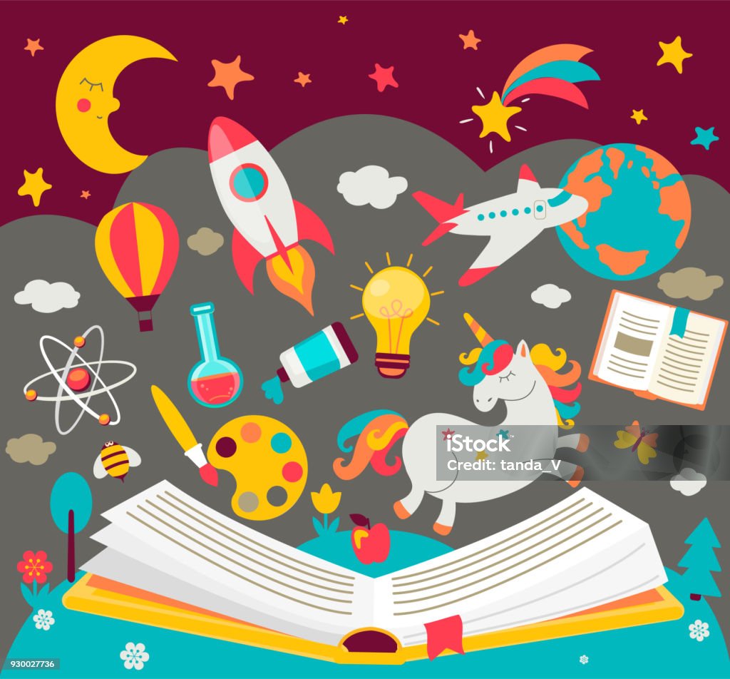 Concept of kids dreams while reading the book. Concept of kids dreams while reading the book. hildrens imagination makes fairy tales real. Open book with many fabulous elements. Vector illustration in flat style. Picture Book stock vector