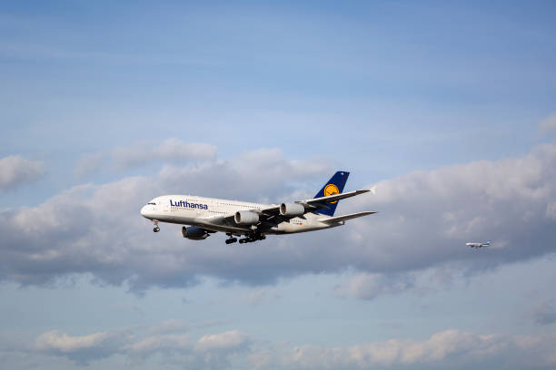 An Airbus A380 of German airline Lufthansa approaches the runway of Frankfurt airport.