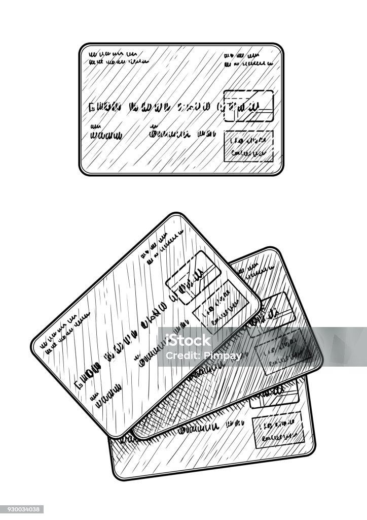 Credit card illustration, drawing, engraving, ink, line art, vector Illustration, what made by ink, then it was digitalized. Engraving stock vector