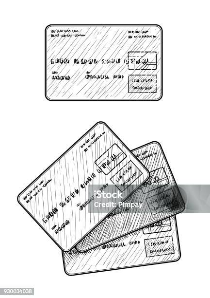 Credit Card Illustration Drawing Engraving Ink Line Art Vector Stock Illustration - Download Image Now