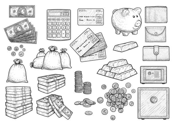 ilustracja akcesoriów pieniężnych, rysunek, grawerowanie, tusz, grafika liniowa, wektor - gold ingot coin bullion stock illustrations