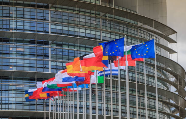 zestaw flag europejskich przed parlamentem europejskim - berlaymont building zdjęcia i obrazy z banku zdjęć