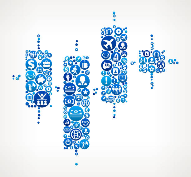 Input and Output Chart Business and Finance Blue Icon Pattern Input and Output Chart Business and Finance Blue Icon Pattern. The round vector buttons completely fill the outlines of the main shape and form a seamless pattern, Each button has a white business and finance icon on it. The buttons vary in size and in the shade of the blue color. The background of this vector illustration is white. The icon set includes classic finance and business icons such as business people, images of various money and financial items as well as typical technology and communication symbols. infographic vector input output stock illustrations