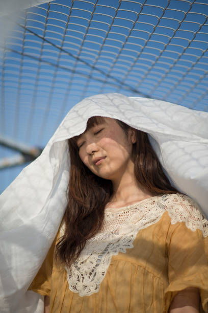 Woman in a laundry room on the roof