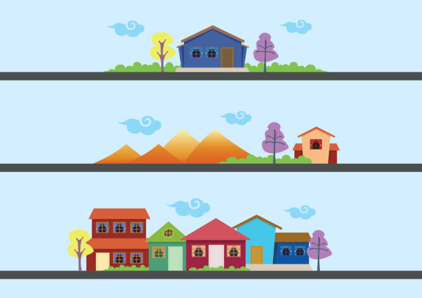 Colorful Houses and Landscape Vector Designs Three sets of vector illustration of simple houses and colorful landscape. singapore flats stock illustrations