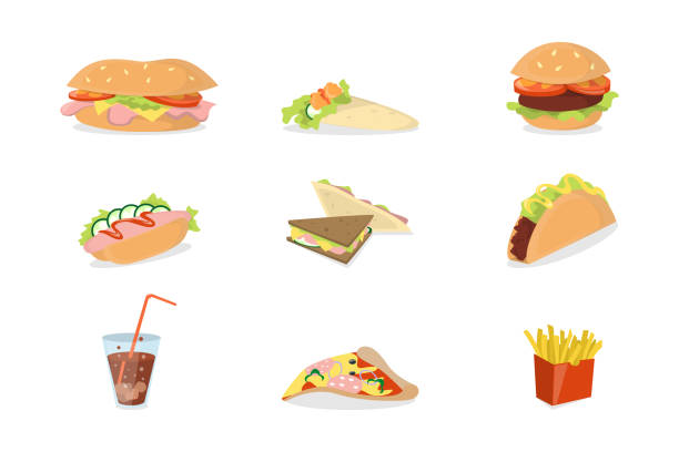 ilustraciones, imágenes clip art, dibujos animados e iconos de stock de conjunto de comida rápida. - hamburger refreshment hot dog bun