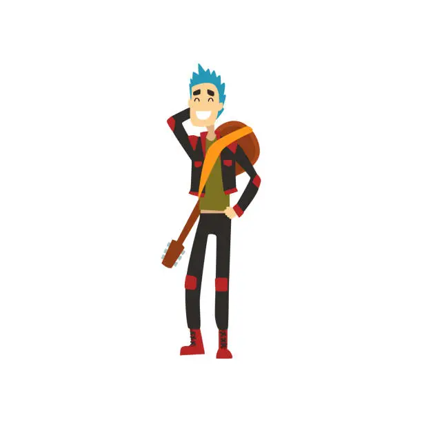 Vector illustration of Cheerful guy with guitar on his back. Funny musician with blue hair dressed in stylish clothes. Cartoon guitarist of punk-rock band. Colorful flat vector design