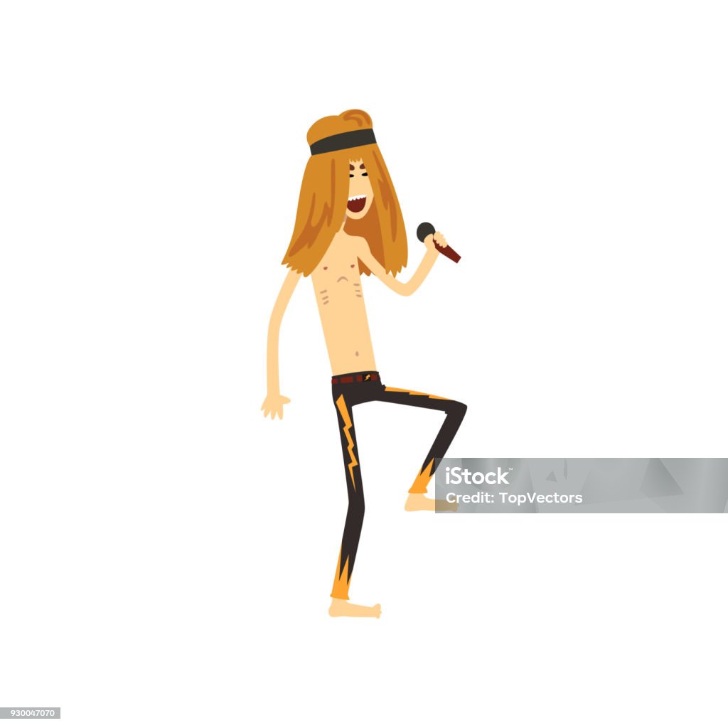 Funny Rocker With Long Hair Singing Into Microphone Leader Singer Of Metal Band Cartoon Man Character In Skinny Black Pants With Bright Print Flat Vector Design Stock Illustration - Download Image Now - Funny Rocker With Long Hair Singing Into Microphone Leader Singer Of Metal Band Cartoon Man Character In Skinny Black Pants With Bright Print Flat Vector Design Stock Illustration - Download Image Now -