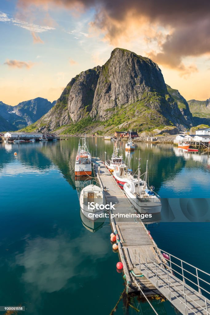 Norway , view of Lofoten Islands in Norway with sunset scenic Vacations Stock Photo
