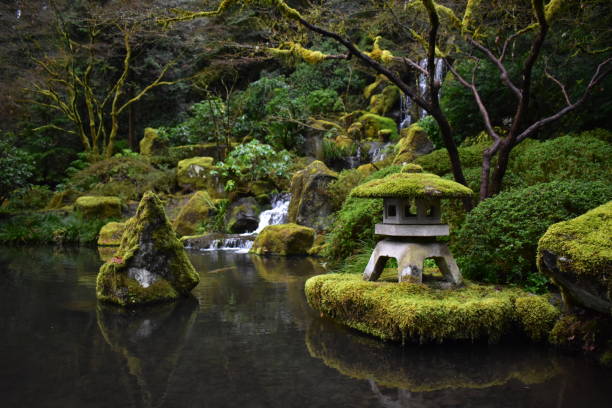 Portland Zen Garden Scene Image of the Portland Zen Garden with a waterfall in the background and mossy pagoda in the front. portland japanese garden stock pictures, royalty-free photos & images