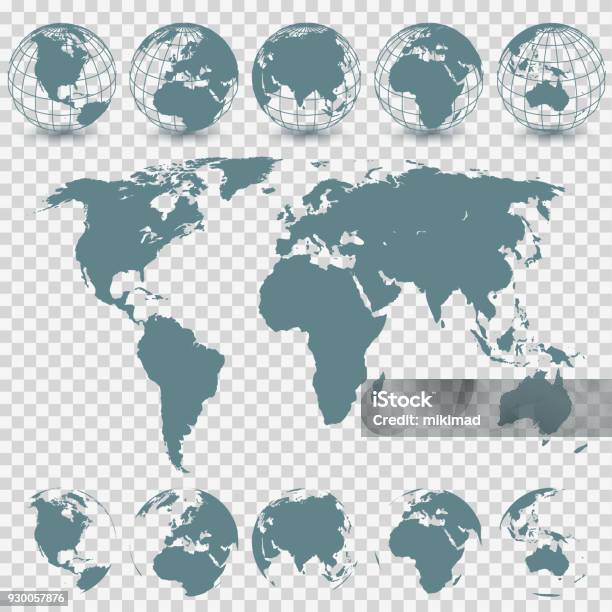 Глобус Набор И Карта Мира — стоковая векторная графика и другие изображения на тему Планета - Планета, Карта мира, Векторная графика