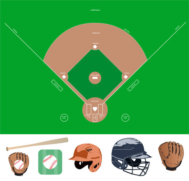 illustrazioni stock, clip art, cartoni animati e icone di tendenza di baseball campo e cose icone - baseball base ball hat