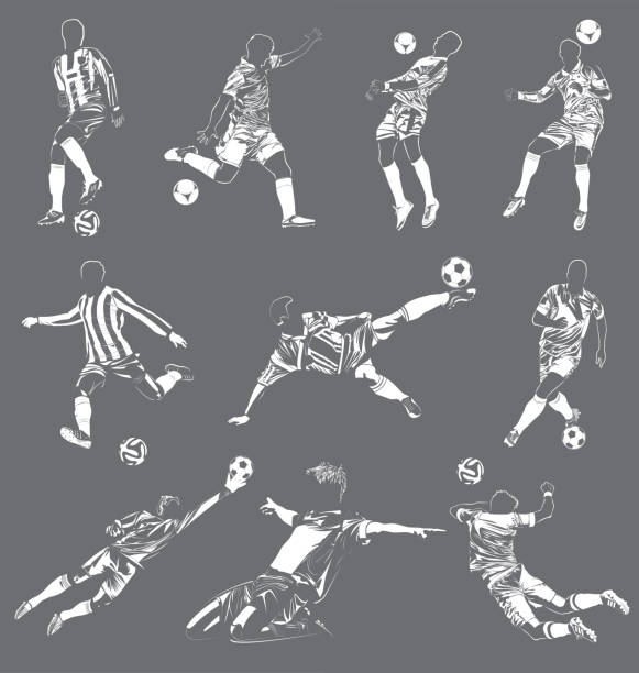 piłka nożna (piłka nożna) zestaw wektorów graczy - soccer soccer player goalie playing stock illustrations