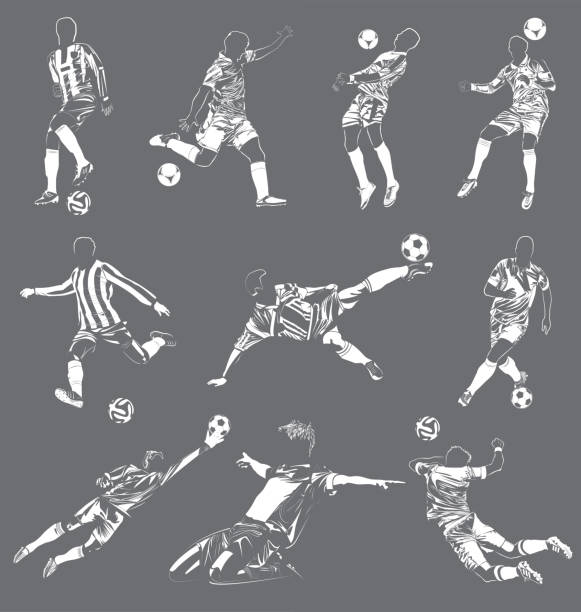 ilustrações de stock, clip art, desenhos animados e ícones de soccer(football) players vector set - soccer player kicking soccer goalie