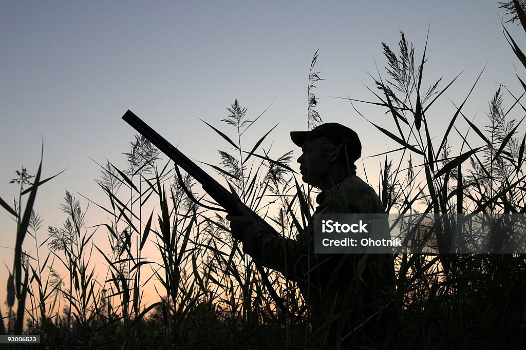 Silhouette of hunter holding gun and preparing to shoot Silhouette of the hunter on a background of a morning dawn Hunting - Sport Stock Photo