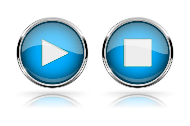 istock PLAY and STOP buttons. Blue round media buttons. Shiny icons with chrome frame 930067412