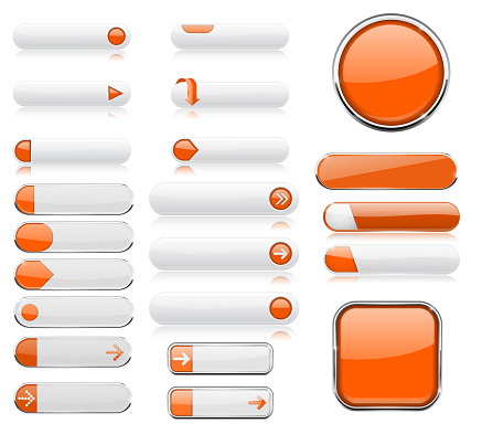 Collection of web buttons. White and orange 3d shiny icons. Vector illustration isolated on white background