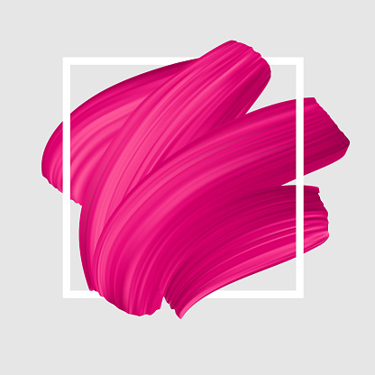 Pink vector lipstick smear. Female girly symbol. Paint brush stroke in frame, banner template.