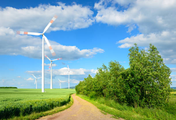 istock Dirt Road through Green Fields in Spring, Wind Turbines in Rotation 930072646