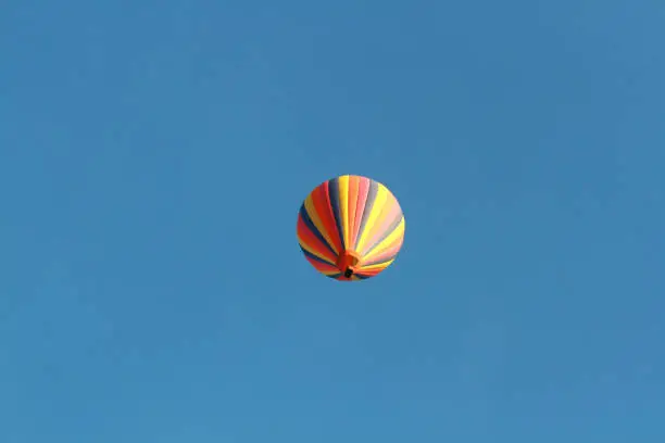 Photo of colorful hot air balloons set against a clear blue sky