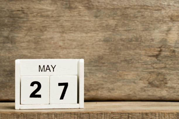 istock White block calendar present date 27 and month May on wood background 930076248