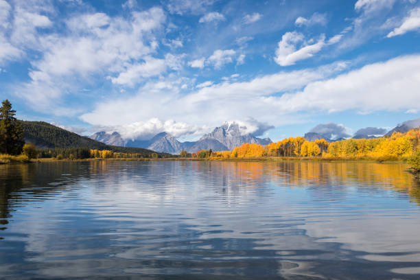 autumn reflection at oxbow bend - snake river mt moran nature grand teton national park imagens e fotografias de stock