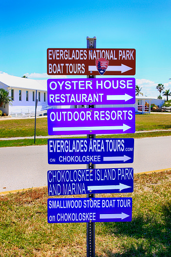 Multiple signs pointing to places in Everglades City and Chokoloskee Island in South Florida USA