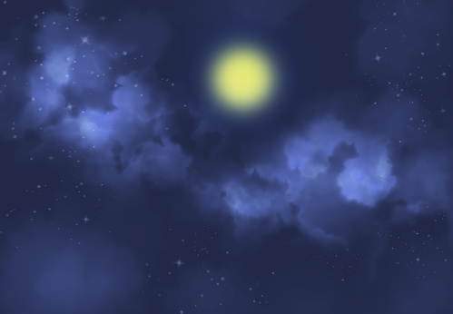 Abstract watercolor digital art painting background, full moon light in blue sky with white clouds and star field