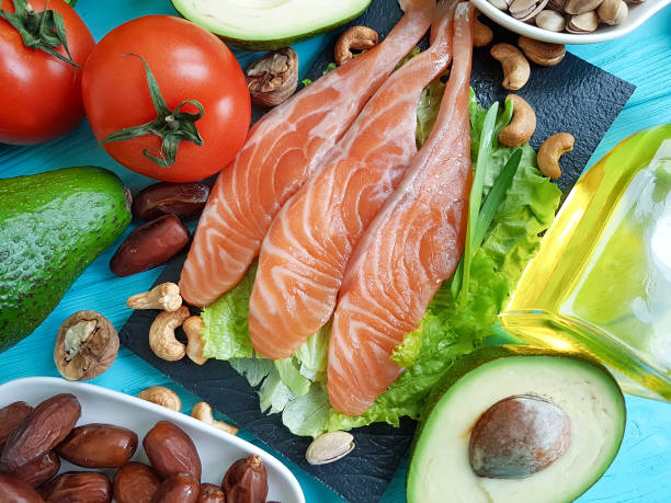 istock fish salmon avocado on a blue wooden background 930087152