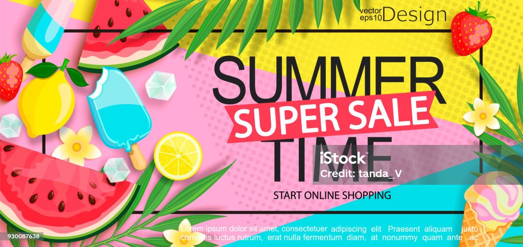 Super sale banner with gourmet food. Super sale banner with gourmet food to summer time such as ice cream,watermelon,strawberries.Vector illustration template and banners, wallpaper,flyer,invitation, poster,brochure,voucher discount. Summer stock vector