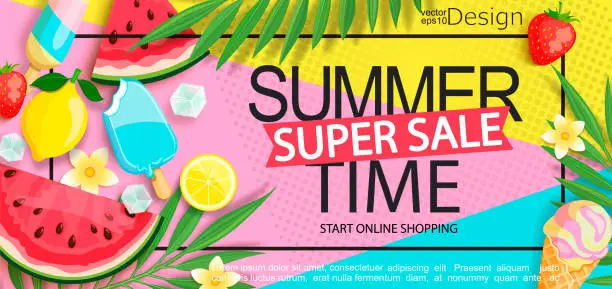 Vector illustration of Super sale banner with gourmet food.