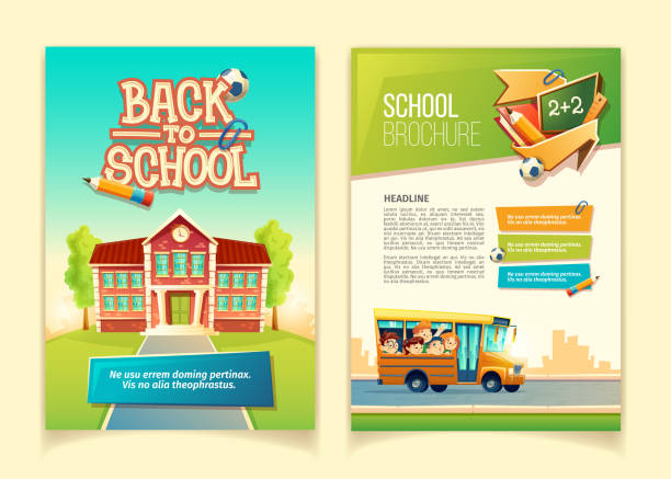 ilustraciones, imágenes clip art, dibujos animados e iconos de stock de volver a escuela folleto vector dibujos animados plantilla - transporte escolar