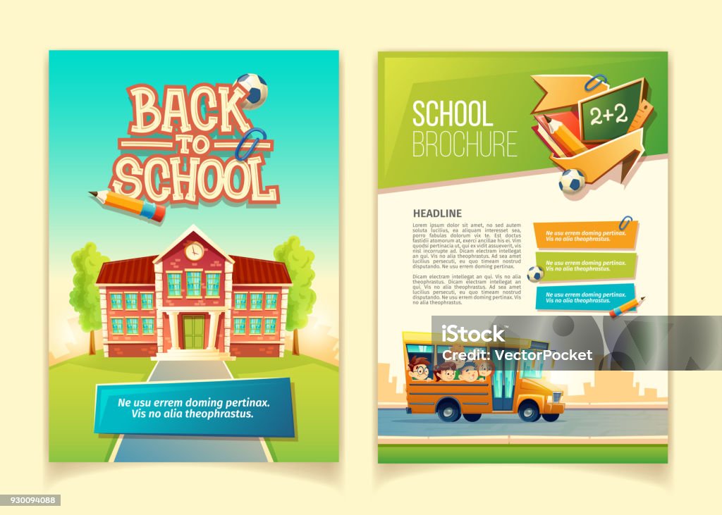 Back to school brochure vector cartoon template Back to school brochure vector cartoon template, educational leaflet with happy kids, riding on yellow schoolbus. Colorful cover or page for book, ready flyer for print with infographic elements Education stock vector