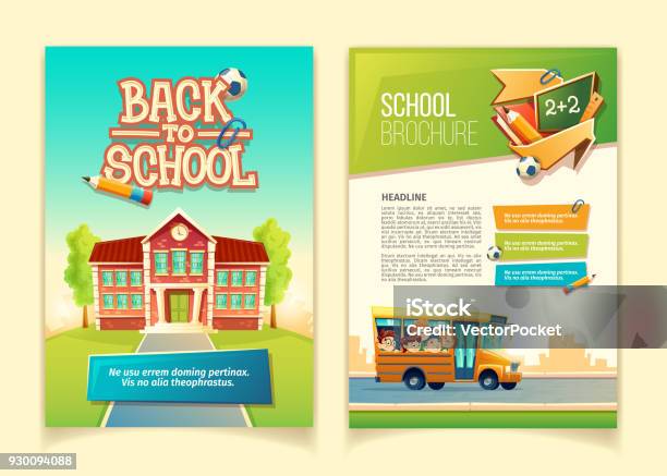 Back To School Brochure Vector Cartoon Template Stock Illustration - Download Image Now - Education, School Building, School Bus