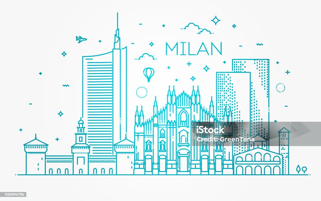 Linear banner of Milan city Italy, Milan architecture line skyline illustration. Linear vector cityscape with famous landmarks, city sights, design icons Milan stock vector