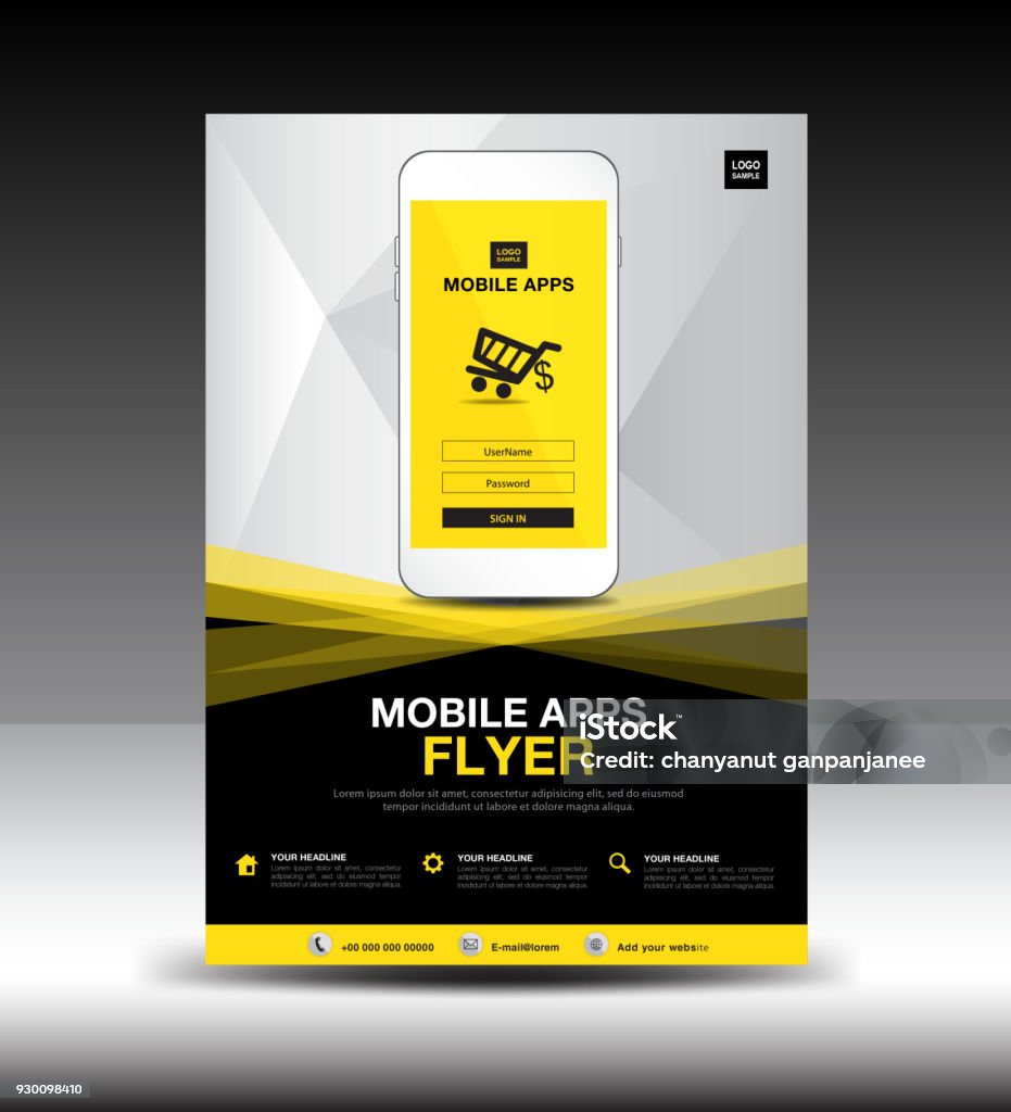 Mobile Apps Flyer template. Business brochure flyer design layout. smartphone icon mockup. application presentation. Magazine ads. Yellow cover. poster. leaflet. advertisement. Vector. in A4 Shopping stock vector