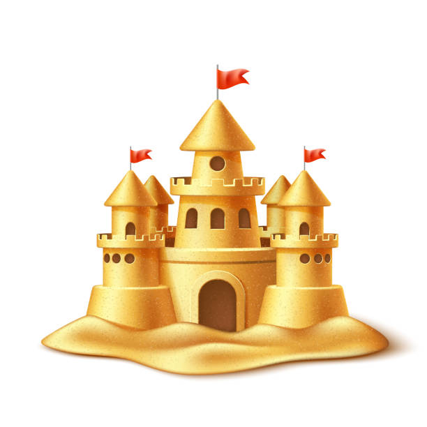 Vector realistic sand castle, fort fortress towers Vector realistic sand castle, fort or fortress with towers, gates and flags. 3d summer vacation travel kids children leisure fun play object. Illustration tropical resort sculpture isolated background sandcastle structure stock illustrations