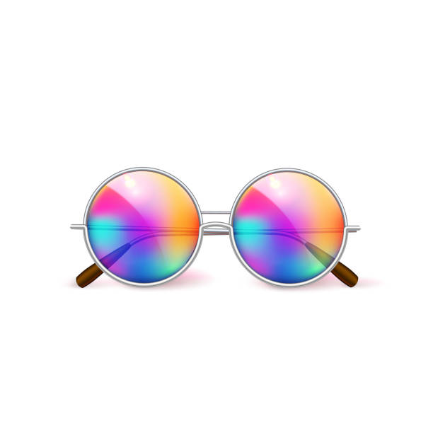 Vector realistic eyeglasses retro circle hipster Vector realistic retro circle eyeglasses, vintage hipster gradient lens for photobooth, photo props design. 3d isolated illustration summer vacation holiday beach pool party celebration selfie apps holiday vacations party mirrored pattern stock illustrations