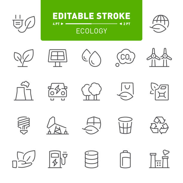 Ecology Icons Ecology, environment, eco, editable stroke, outline, icon, icon set, bio fuel, green energy drum line stock illustrations