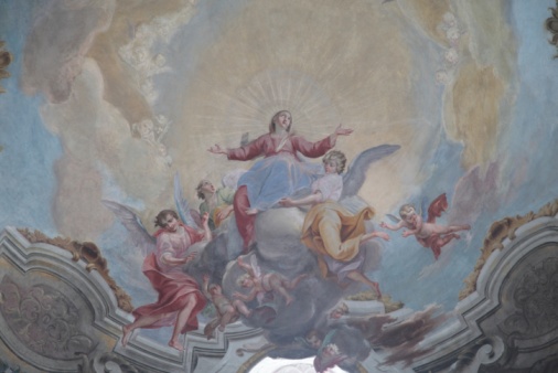 Rome, Italy - March 16, 2016: The fresco Miracle of the Chains on the coffered ceiling was painted by Giovanni Battista Parodi in 1706 in San Pietro in Vincoli church