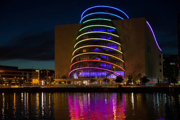 Dublin Convention Centre lit up in rainbow colors stock photo