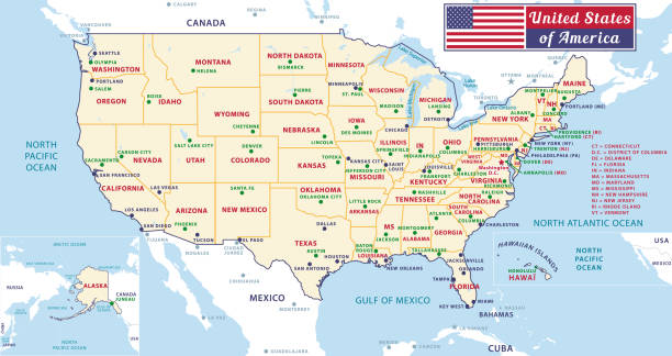 stolice stanów zjednoczonych i dużych miast stanów zjednoczonych ameryki. piękna nowoczesna grafika wektor mapa usa. alaska i hawa. pastelowe odcienie. - hawa stock illustrations