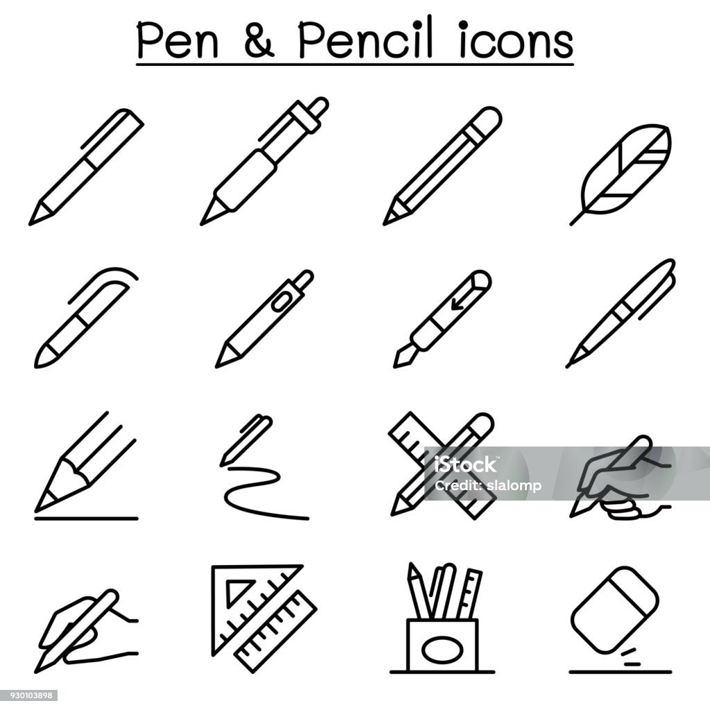 Icono del lápiz y la pluma en estilo de línea fina - arte vectorial de Instrumento de escribir con tinta libre de derechos