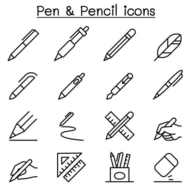 ilustraciones, imágenes clip art, dibujos animados e iconos de stock de icono del lápiz y la pluma en estilo de línea fina - instrumento de escribir con tinta