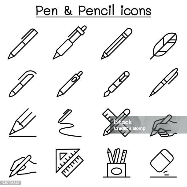 Pen Pencil Icon Set In Thin Line Style Stock Illustration - Download Image Now - Pen, Pencil, Symbol