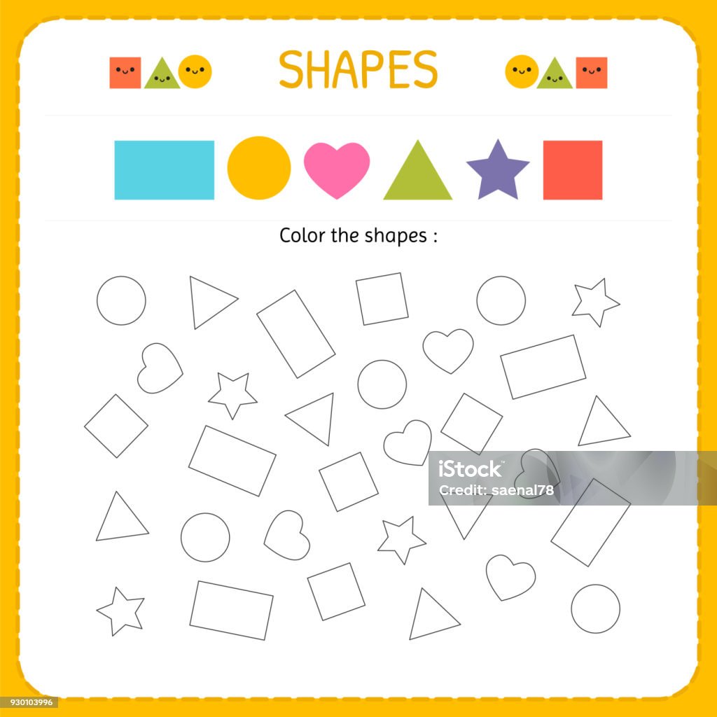 Coloring multiple shapes. Learn shapes and geometric figures. Preschool or kindergarten worksheet for practicing motor skills Coloring multiple shapes. Learn shapes and geometric figures. Preschool or kindergarten worksheet for practicing motor skills. Vector illustration Worksheet stock vector